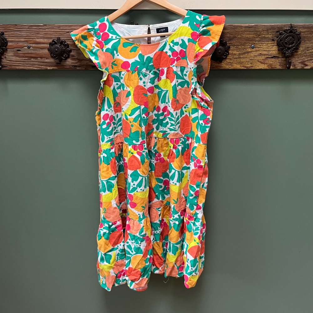 J.Crew Citrus Fruit Print Tiered Flutter Sleeve Linen‎ Blend Dress BI371 Size 12